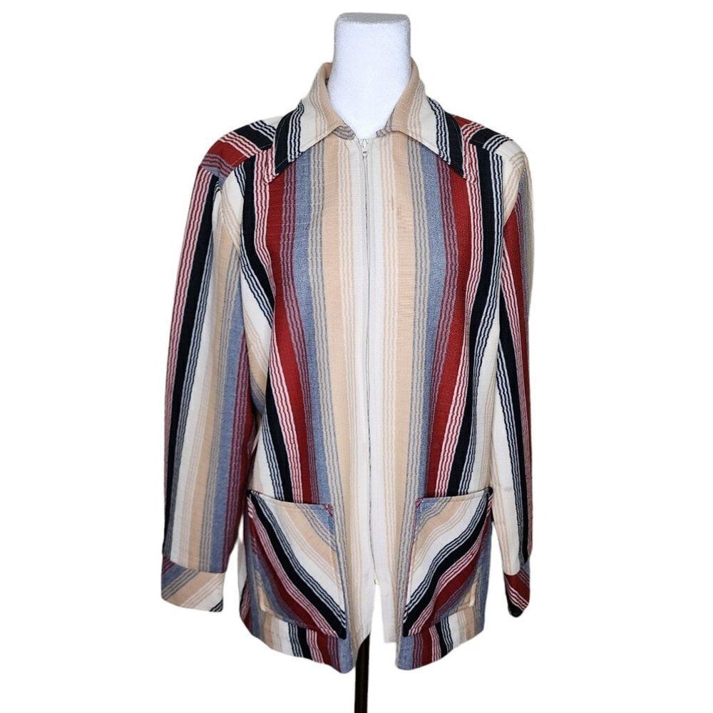 Vintage 70s Full Zip Cabana Jacket Womens Size XL Striped Dagger Collar Poly